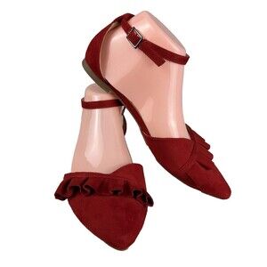 Red Ruffled D'Orsay Flats Size 7.5 Pointed Toe Faux Suede Shoes with Ankle Strap